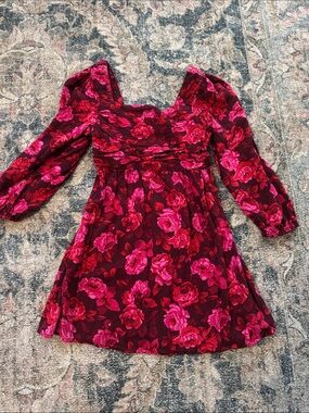 GAP Burgundy Dress with Bright Pink Floral Pattern